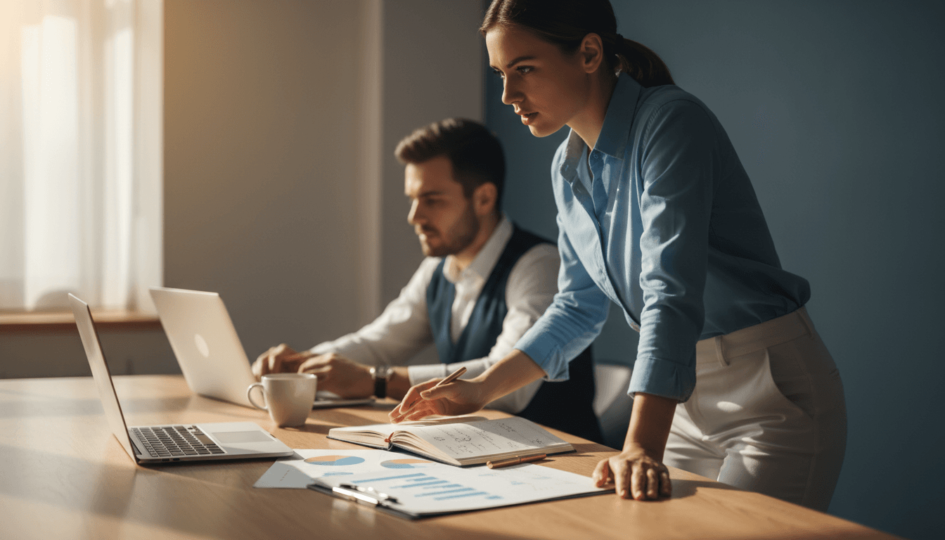 Professional strategist reviewing business metrics and market data during a planning session
