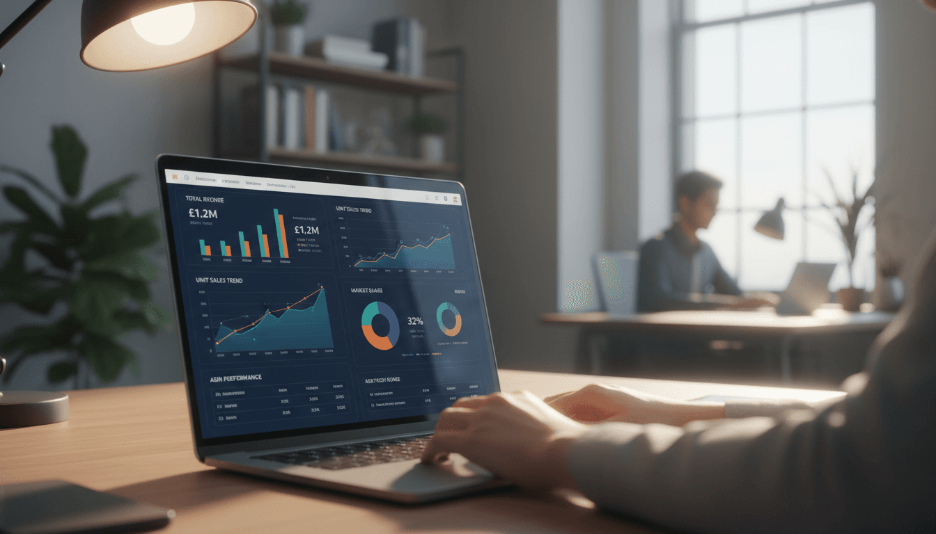 Strategist reviewing Amazon sales analytics on laptop screen