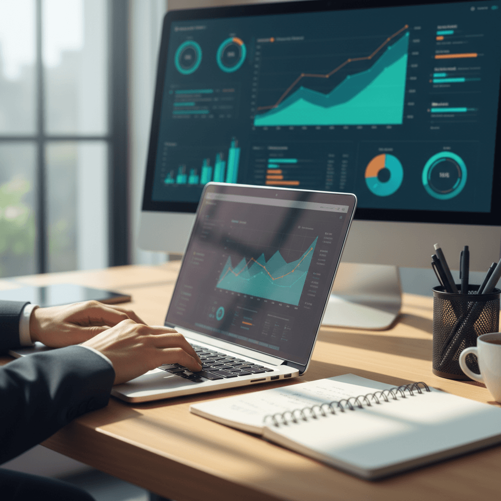 Amazon seller dashboard with product analytics and performance metrics on laptop screen